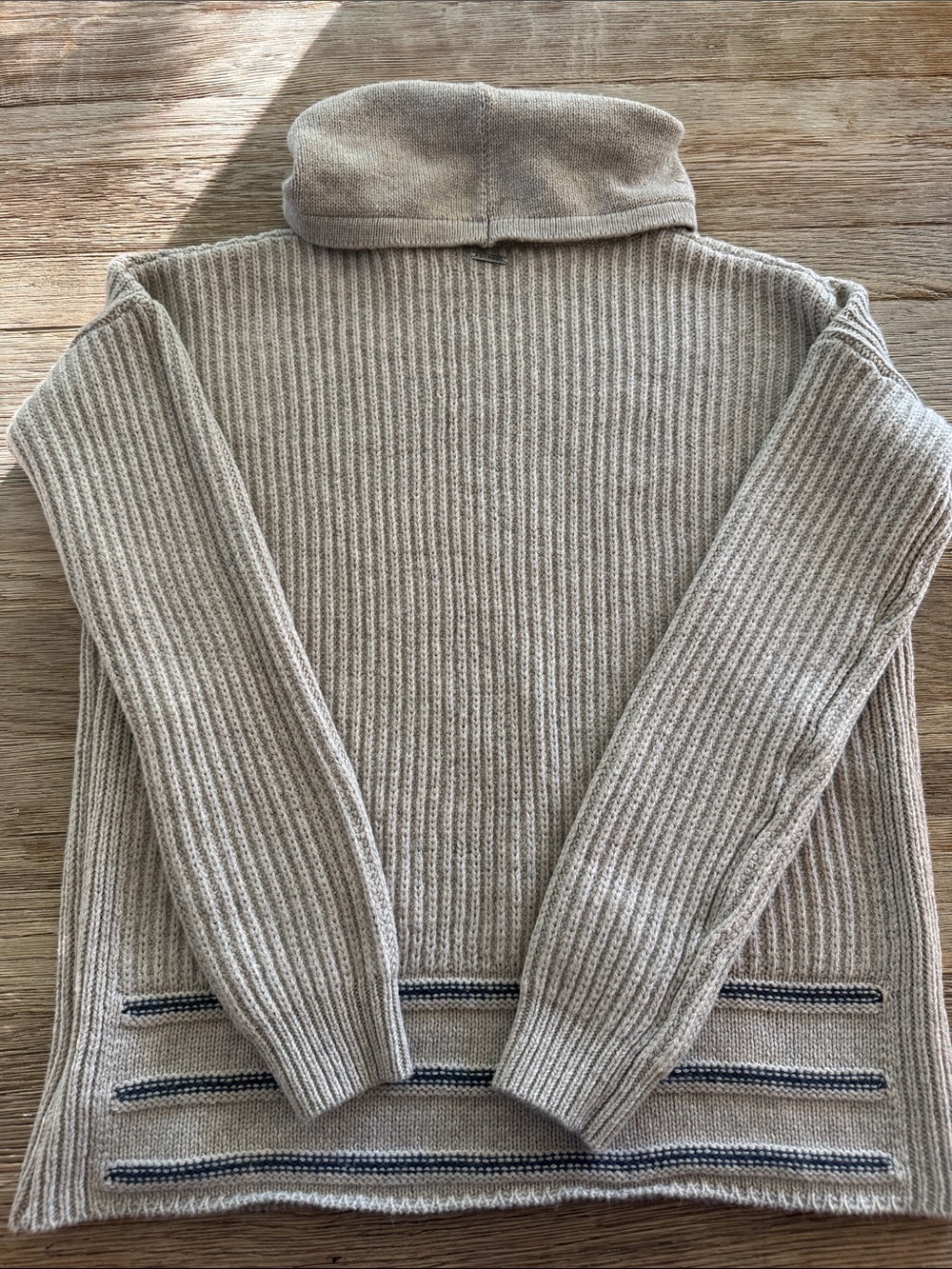 Prana Ribbed Cowl Neck Sweater in Light Taupe with Navy Trim